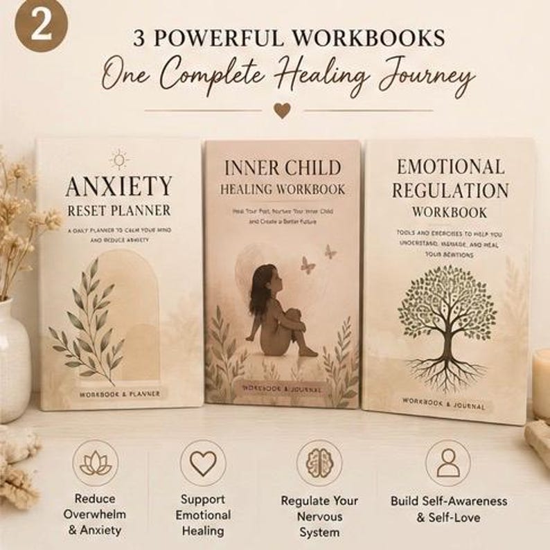 May include: Three beige workbooks titled Anxiety Reset Planner, Inner Child Healing Workbook, and Emotional Regulation Workbook. The covers feature illustrations of a plant, a child with butterflies, and a tree. Text includes 3 Powerful Workbooks.