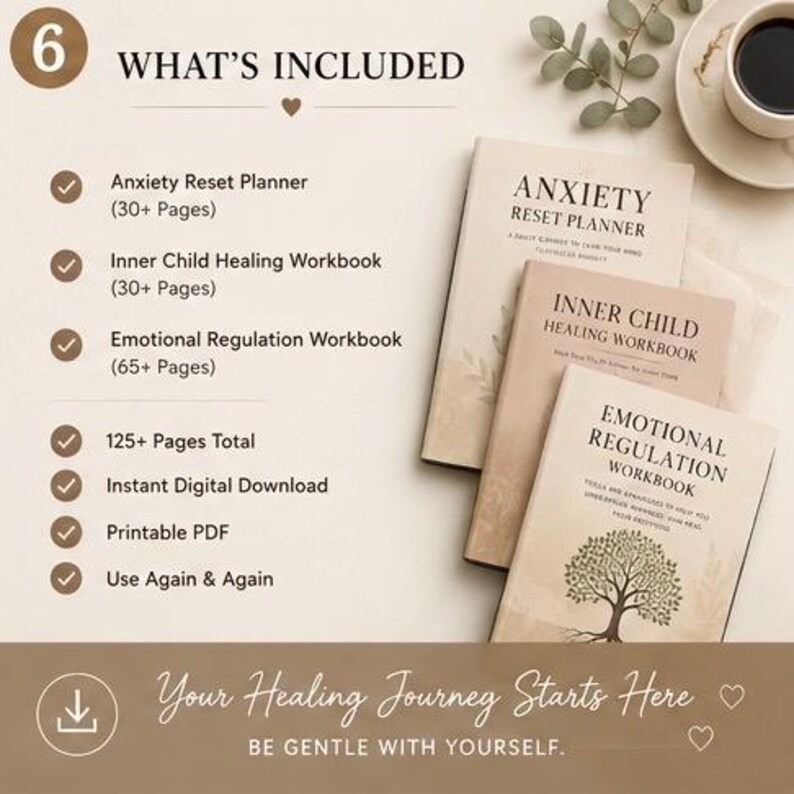May include: Three beige workbooks titled Anxiety Reset Planner, Inner Child Healing Workbook, and Emotional Regulation Workbook. The text lists 125+ pages total, instant digital download, printable PDF, and use again and again. Text reads: Your Healing Journey Starts Here.