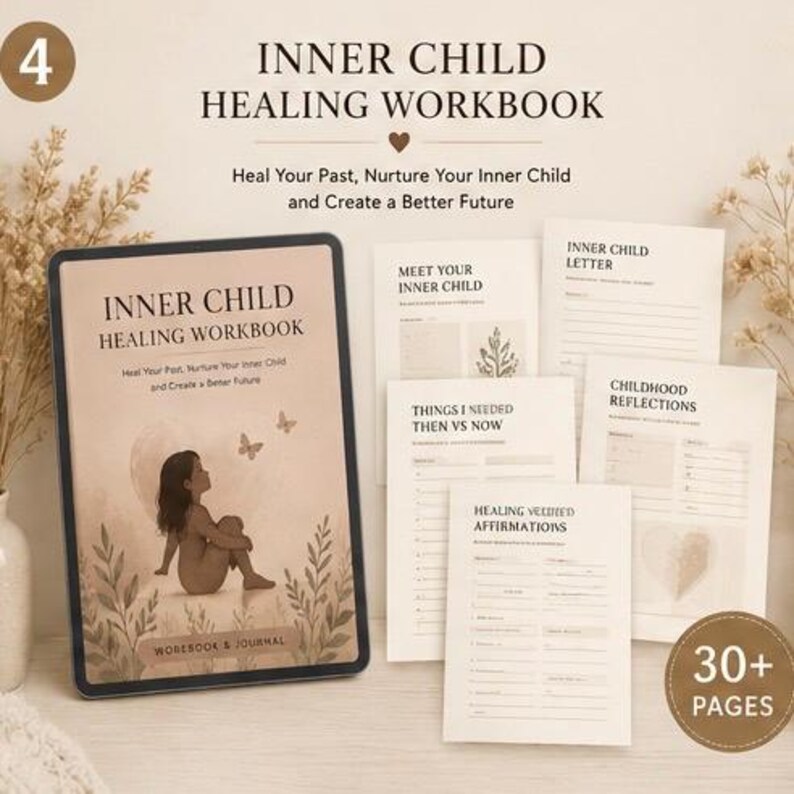 May include: An Inner Child Healing Workbook and journal with a beige cover featuring an illustration of a person sitting, butterflies, and plants. Several loose white pages with black text and lines are displayed, including sections titled Meet Your Inner Child, Inner Child Letter, Things I Needed Then vs Now, Childhood Reflections, and Healing Verified Affirmations.