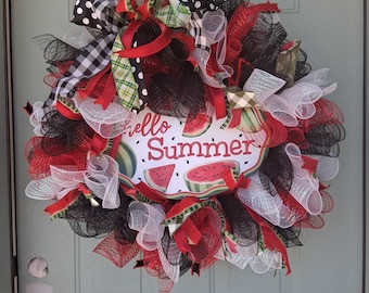 Hello Summer Watermelon Wreath | Handmade Farmhouse Front Door Decor | Cottage Style Summer Mesh Wreath