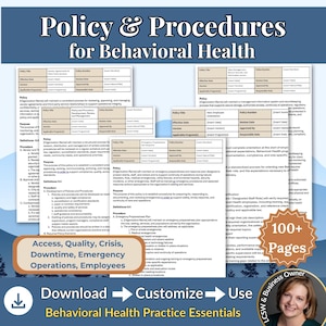 Könnte beinhalten: Ein digitales Dokumentenset mit dem Titel Policy & Procedures for Behavioral Health, das mehrere Vorlagen mit Feldern für Richtlinientitel, Nummern und Daten enthält. Das Set umfasst über 100 Seiten zu Zugang, Qualität und Notfallbetrieb.