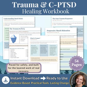 Puede incluir: Un libro de ejercicios de 54 páginas sobre trauma y C-PTSD con hojas tituladas Understanding Stuck Points, The Trauma Iceberg, What Is Trauma y Progressive Muscle Relaxation, que incluyen texto, listas y una ilustración.