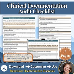 Op de afbeelding: Een document met een auditchecklist voor klinische documentatie, bestaande uit twee pagina's met tabellen met rijen voor beoordeling, behandelplanning en ontslagoverzicht. De tekst bevat koppen voor controlepunten en selectievakjes voor verificatie.