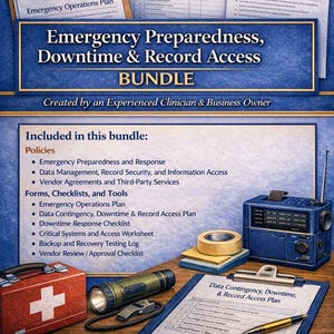 May include: An image showcasing an emergency preparedness bundle. The bundle includes documents, checklists, and tools. A red first aid kit, a flashlight, and a vintage radio are also visible. The title reads: Emergency Preparedness, Downtime & Record Access BUNDLE.