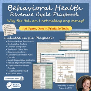 Może przedstawiać: Cyfrowy podręcznik Behavioral Health Revenue Cycle Playbook z podtytułem Why the Hell am I not making any money? Dokument zawiera 106 stron, 35 narzędzi do druku, listy kontrolne, schematy blokowe oraz narzędzia do śledzenia dokumentacji i rozliczeń.