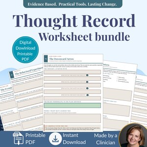 Może przedstawiać: Cyfrowy zestaw arkuszy roboczych Thought Record w formacie PDF do druku, zawierający ustrukturyzowane sekcje do ćwiczeń poznawczych, takich jak The Downward Arrow i The Behavioral Experiment, z ciemnoniebieskim tekstem na jasnym tle.