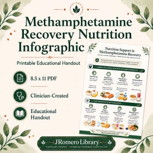 May include: A printable educational handout titled "Methamphetamine Recovery Nutrition Infographic." The infographic includes information on common challenges and food priorities for recovery. It is an 8.5 x 11 PDF, clinician-created, and available from JRomero Library.