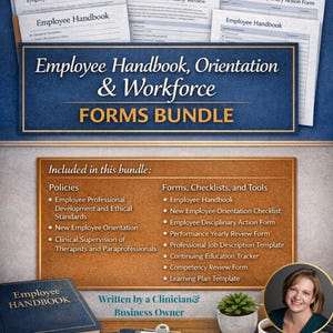May include: A digital document bundle titled Employee Handbook, Orientation & Workforce FORMS BUNDLE. It lists policies, forms, checklists, and tools including an employee handbook, orientation checklist, and disciplinary action forms on a brown background.