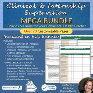 Può includere: Un pacchetto digitale di supervisione clinica e di tirocinio per studi di salute comportamentale, con oltre 70 pagine personalizzabili di politiche, moduli, liste di controllo e strumenti, incluso un modello di valutazione di livello master e liste di orientamento.