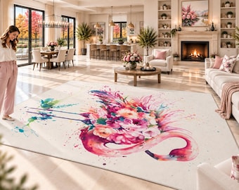 Flamingo Water Marbling Rug Turkish Ebru Washable Non-Slip Carpet