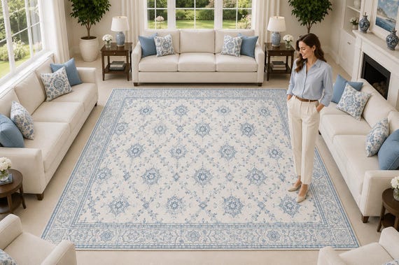 Light Blue Ivory Ottoman Floral Area Rug Turkish Pattern Washable Non-Slip Carpet