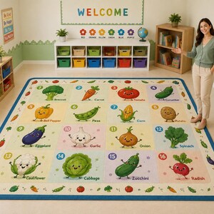 Peut inclure: Un tapis éducatif rectangulaire présentant une grille de seize légumes dessinés en couleur, chacun étiqueté avec son nom et un numéro correspondant de un à seize, bordé d'une bordure bleue et de petites illustrations de légumes.