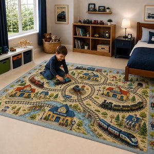 May include: A rectangular area rug featuring a detailed train track network with illustrations of West Station, East Station, and South Station. The design includes various trains, trees, rivers, and traffic signs on a light tan and blue background.