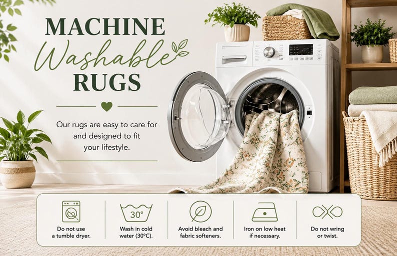 K&ouml;nnte beinhalten: Eine wei&szlig;e Frontlader-Waschmaschine mit offener T&uuml;r, in der ein cremefarbener Teppich mit Blumenmuster liegt. Der Text lautet MACHINE WASHABLE RUGS und die Pflegehinweise enthalten Symbole f&uuml;r Kaltw&auml;sche, kein Bleichmittel und kein Auswringen.
