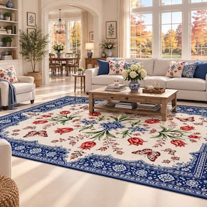 May include: A large rectangular area rug featuring a cream-colored center with a symmetrical pattern of red tulips, green foliage, and brown butterflies, framed by a wide, intricate dark blue border with white floral and geometric motifs.