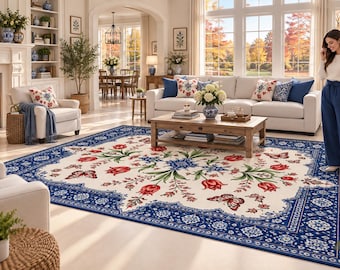 Blue Ottoman Tulip Butterfly Area Rug Turkish Floral Decor Washable Non-Slip Carpet