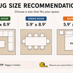 K&ouml;nnte beinhalten: Eine Infografik mit dem Titel RUG SIZE RECOMMENDATIONS und dem Text Choose a size that fits your space. Sie zeigt drei Raumlayouts mit einer Teppichgr&ouml;&szlig;e von 5,9' x 8,9', ein Gl&uuml;hbirnensymbol mit dem Tipp Bigger is better und ein Ma&szlig;band.