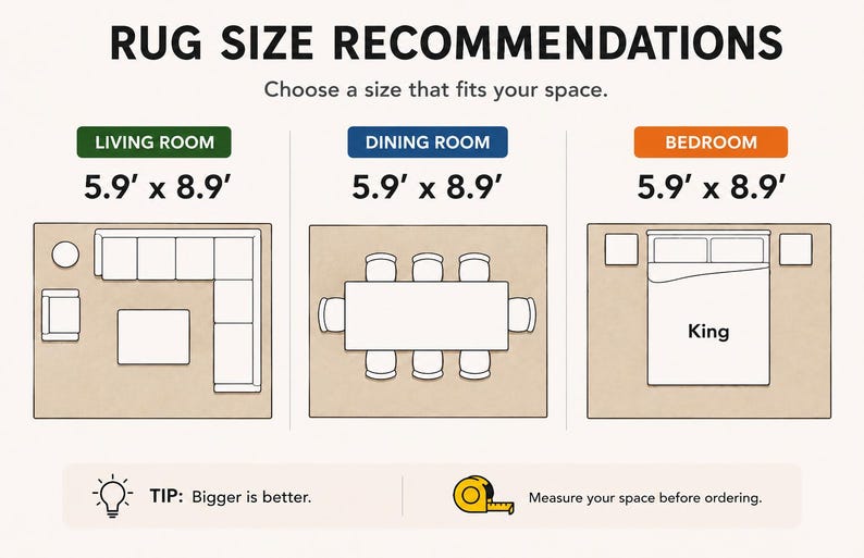 K&ouml;nnte beinhalten: Eine Infografik mit dem Titel RUG SIZE RECOMMENDATIONS und dem Text Choose a size that fits your space. Sie zeigt drei Raumlayouts mit einer Teppichgr&ouml;&szlig;e von 5,9' x 8,9', ein Gl&uuml;hbirnensymbol mit dem Tipp Bigger is better und ein Ma&szlig;band.