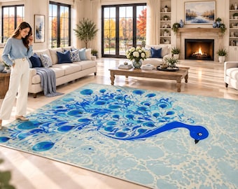 Peacock Water Marbling Rug Turkish Ebru Washable Non-Slip Carpet