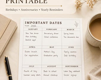 Birthday Calendar, Birthday Calendar Printable, Important Dates Printable, Birthday Tracker Printable, Perpetual Desk Calendar