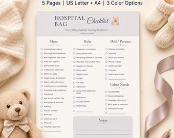 Hospital Bag Checklist Printable, Birth Plan Printable, Hospital Bag Checklist Download, Newborn Essentials Checklist, Postpartum Checklist