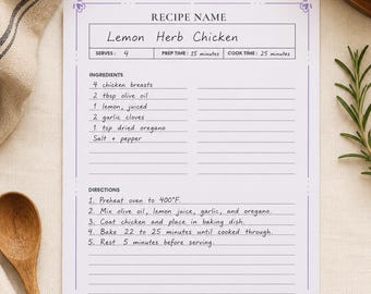 Vintage Recipe Cards, Cookbook Template, Recipe Book Template, Recipe Binder Printable, Recipe Template, Printable Recipe Cards