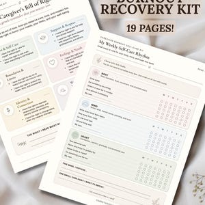 May include: A 19-page Caregiver Burnout Recovery Kit featuring a Caregiver's Bill of Rights and a Weekly Self-Care Rhythm tracker. The documents include sections for body, mind, and heart wellness with checkboxes for daily habits and space for notes.