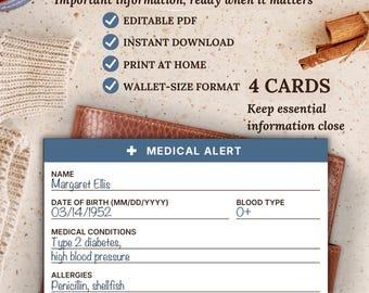 Medical Alert Wallet Card, Allergy Card Printable, Emergency Contact Card, Medical ID Card, Medication List Card PDF, Food Allergy Card