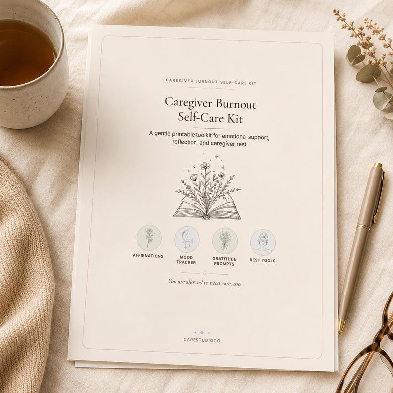 Caregiver Burnout Self-Care Kit printable cover page on soft cream fabric with a mug, pen, dried flowers, glasses, and cozy neutral self-care props.