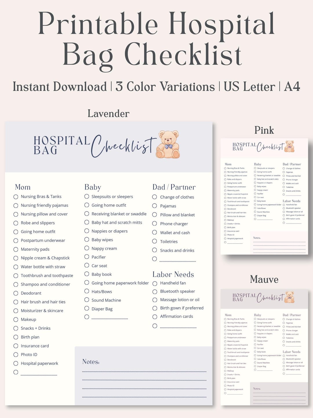 Hospital Bag Checklist Printable | Maternity Packing List for Mom Baby ...
