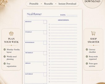Weekly Meal Planner, Meal Planner Printable, Weekly Meal Planner Printable, Grocery List Printable, Meal Prep Planner, Weekly Menu Planner