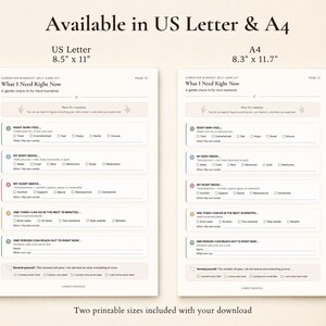 Caregiver Burnout Self-Care Kit available in US Letter and A4 sizes, showing the “What I Need Right Now” emotional check-in worksheet printable in both formats