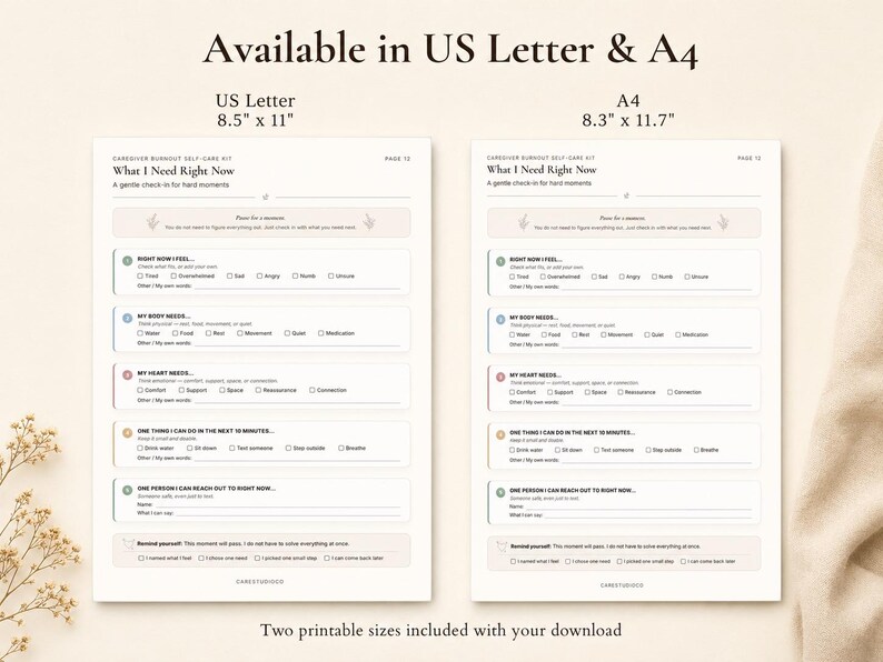 Caregiver Burnout Self-Care Kit available in US Letter and A4 sizes, showing the “What I Need Right Now” emotional check-in worksheet printable in both formats