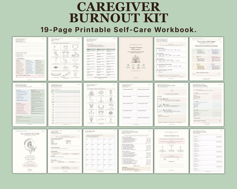 A Caregiver Burnout Kit featuring 19 printable pages including a medical binder, daily care logs, health trackers, and self-care resources. The collection displays various forms, checklists, and illustrations in a neutral color palette.