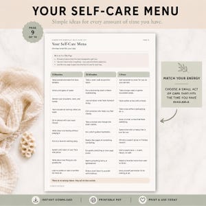 Your Self-Care Menu printable page with three columns of self-care ideas organized by time: 5 minutes, 15 minutes, and 1 hour. Activities range from deep breathing and stretching to journaling, walking, and resting. Styled on a cream background with a botanical accent. Printable PDF, instant download.