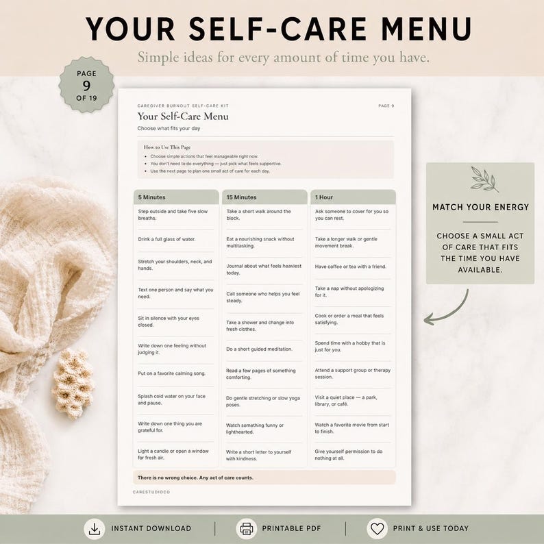Your Self-Care Menu printable page with three columns of self-care ideas organized by time: 5 minutes, 15 minutes, and 1 hour. Activities range from deep breathing and stretching to journaling, walking, and resting. Styled on a cream background with a botanical accent. Printable PDF, instant download.