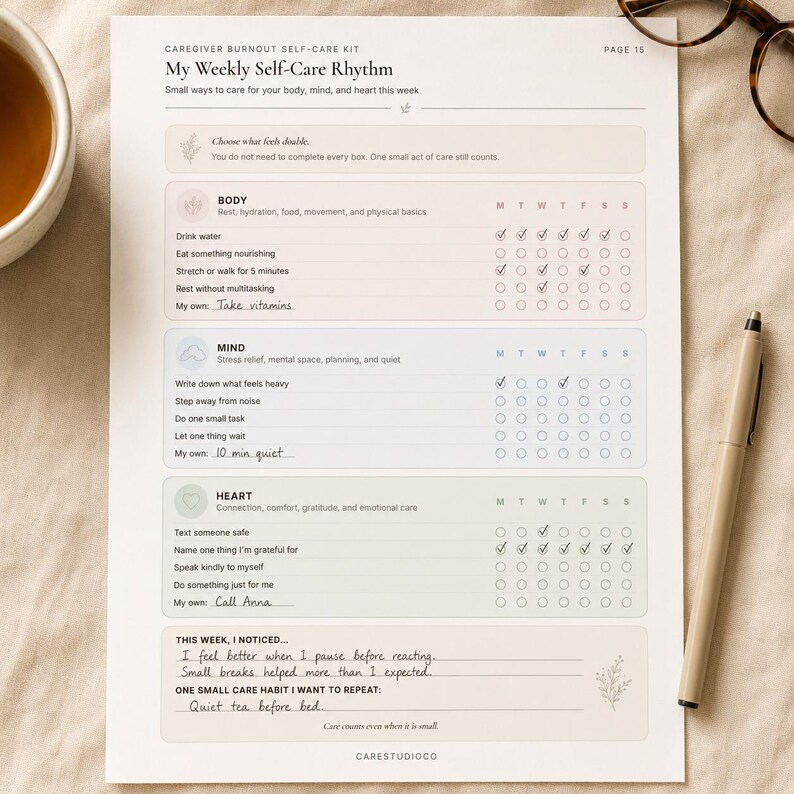 My Weekly Self-Care Rhythm printable habit tracker with handwritten self-care notes and weekly checkmarks on a cozy beige flat lay with tea, pen, and glasses.