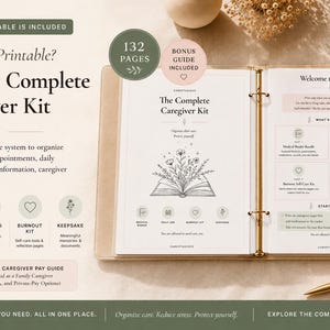 CareStudioCo upsell graphic promoting the 132+ page Complete Caregiver Medical Binder printable PDF showing binder cover and open pages with care summary and bills tracker, organized care medications appointments and notes in one place, instant download.