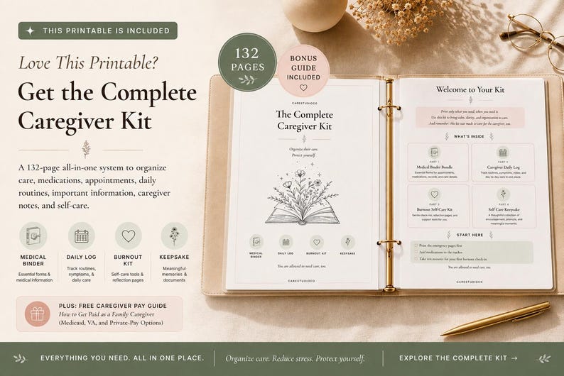 CareStudioCo upsell graphic promoting the 132+ page Complete Caregiver Medical Binder printable PDF showing binder cover and open pages with care summary and bills tracker, organized care medications appointments and notes in one place, instant download.