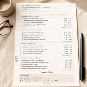 Caregiver Burnout Self-Assessment printable worksheet filled with checkmarks, section scores, and a handwritten note on a warm beige fabric background.