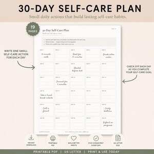 30-Day Self-Care Plan printable page showing a grid of 30 daily boxes with handwritten examples like ‘10-minute walk,’ ‘journal for 5 minutes,’ and ‘call a friend.’ Includes instructions for choosing one small self-care action each day. 19-page printable PDF, US Letter size, instant download.