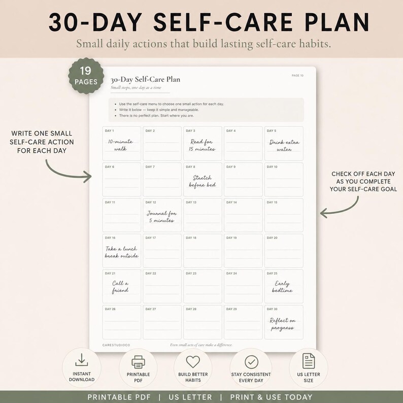 30-Day Self-Care Plan printable page showing a grid of 30 daily boxes with handwritten examples like ‘10-minute walk,’ ‘journal for 5 minutes,’ and ‘call a friend.’ Includes instructions for choosing one small self-care action each day. 19-page printable PDF, US Letter size, instant download.