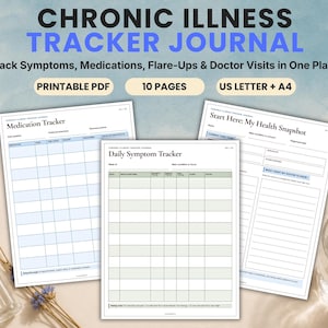 Op de afbeelding: Een printbare PDF-set voor een dagboek voor het bijhouden van chronische ziekten met 10 pagina's in US Letter en A4-formaat. Bevat een medicatietracker, dagelijkse symptoomtracker en een gezondheidsoverzichtspagina met rasters en lijnen.