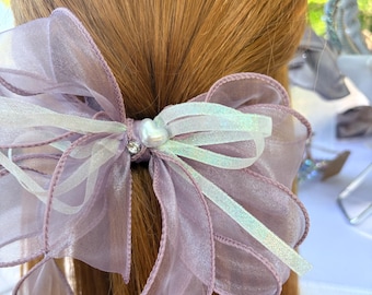 Light Organza Hair Bow | Sheer Ribbon Bow Clip | Pearl Hair Accessory | Romantic Spring Hair Bow | Korean Style Hair Clip | Handmade