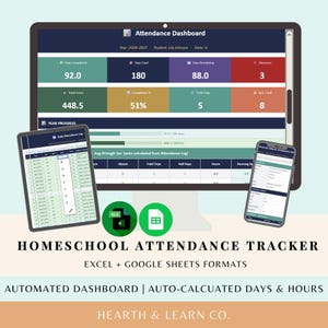 May include: A digital homeschool attendance tracker displayed on a computer monitor, tablet, and smartphone. The dashboard shows data including days completed, days goal, and total hours. The text reads "Homeschool Attendance Tracker" and "Automated Dashboard".