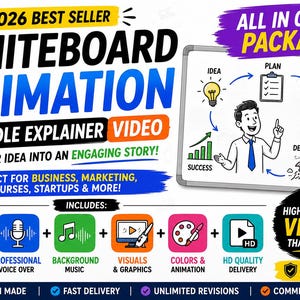 Könnte beinhalten: Werbung für Whiteboard-Animations- und Doodle-Erklärvideos. Das Bild enthält den Text "2026 Best Seller" und "All in One Package". Symbole stehen für das Schreiben von Skripten, Voice-Over, Musik, Visuals, Animation und HD-Qualitätslieferung.