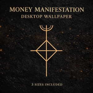 Könnte beinhalten: Digitaler Desktop-Hintergrund mit den goldenen Worten "MONEY MANIFESTATION". Darunter befindet sich ein goldenes geometrisches Symbol. Der Hintergrund ist eine dunkle, strukturierte Oberfläche mit goldenen Sprenkeln. Der Text "3 GRÖSSEN ENTHALTEN" befindet sich unten.