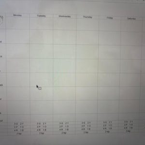 Puede incluir: Un gráfico blanco de planificación de comidas con un diseño de cuadrícula para el seguimiento diario de comidas. El gráfico incluye secciones para el desayuno, los refrigerios, el almuerzo, la cena y los entrenamientos. La esquina superior izquierda presenta un logotipo con elementos florales.