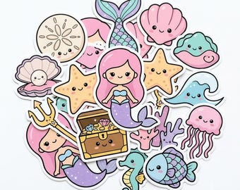 25 pegatinas de vinilo de sirena Kawaii / Pegatinas impermeables / Regalo de fantasía oceánica para portátil o botella de agua
