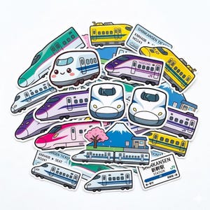 以下が含まれることがあります： 様々なデザインのカラフルな電車のステッカーのコレクション。新幹線、漫画の電車、風景など。一部のステッカーには「SHINKANSEN TICKET」と「NOZOMI」の文字があります。ステッカーはピンク、紫、黄色、緑、白の色合いです。